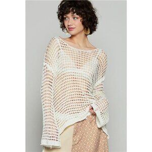 POL Side Slit Openwork Long Sleeve Knit Cover Up